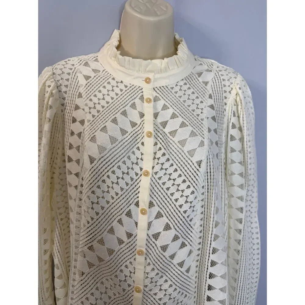 Anthropologie Lace Button Down Blouse Women's 16W Romantic Festival Cream